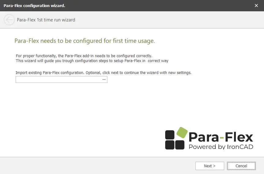 Stap één in het proces van de configuratie wizard van de Para-Flex software.