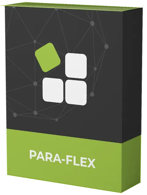 Doosverpakking van Para-Flex-software met groen-grijze vormgeving en abstract netwerkpatroon op de achtergrond.